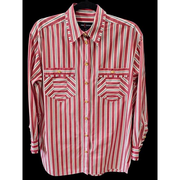 Vintage 90s Escada Sport Shirt Womens M Striped Gold Logo Buttons Pockets Blouse - Picture 1 of 13